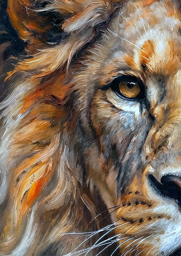 Modernes Löwenportrait mit direktem Blick, goldbrauner Mähne und dunklem Hintergrund in malerischer Darstellung. Detailsansicht.