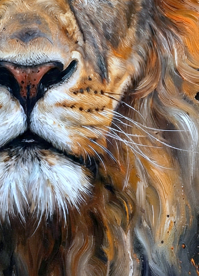 Ausdrucksstarkes Löwe Wandbild mit frontalem Tiermotiv, warmer Mähne und dunkler, edler Bildkulisse. Detailsabsicht.