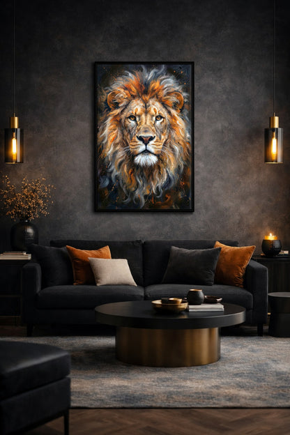 Frontal dargestellter Löwe mit voller goldbrauner Mähne vor dunklem Hintergrund als modernes Wandbild. Wohnzimmerdeko. 