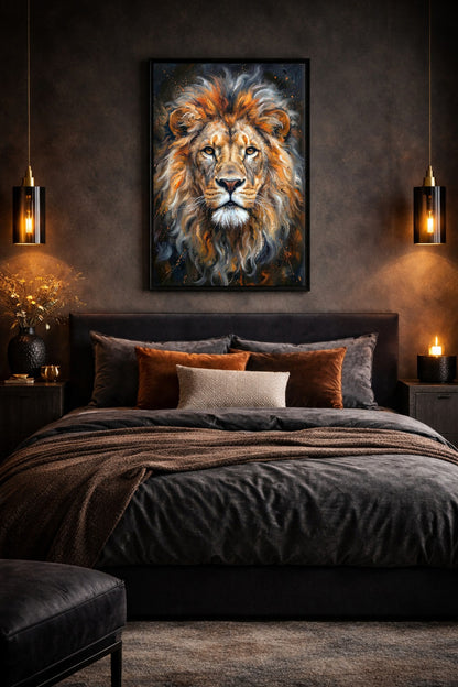 Malerisches Löwenbild mit frontalem Portrait, goldbraunem Fell und tiefdunklem Hintergrund im modernen Stil. Poster für Schlafzimmer.