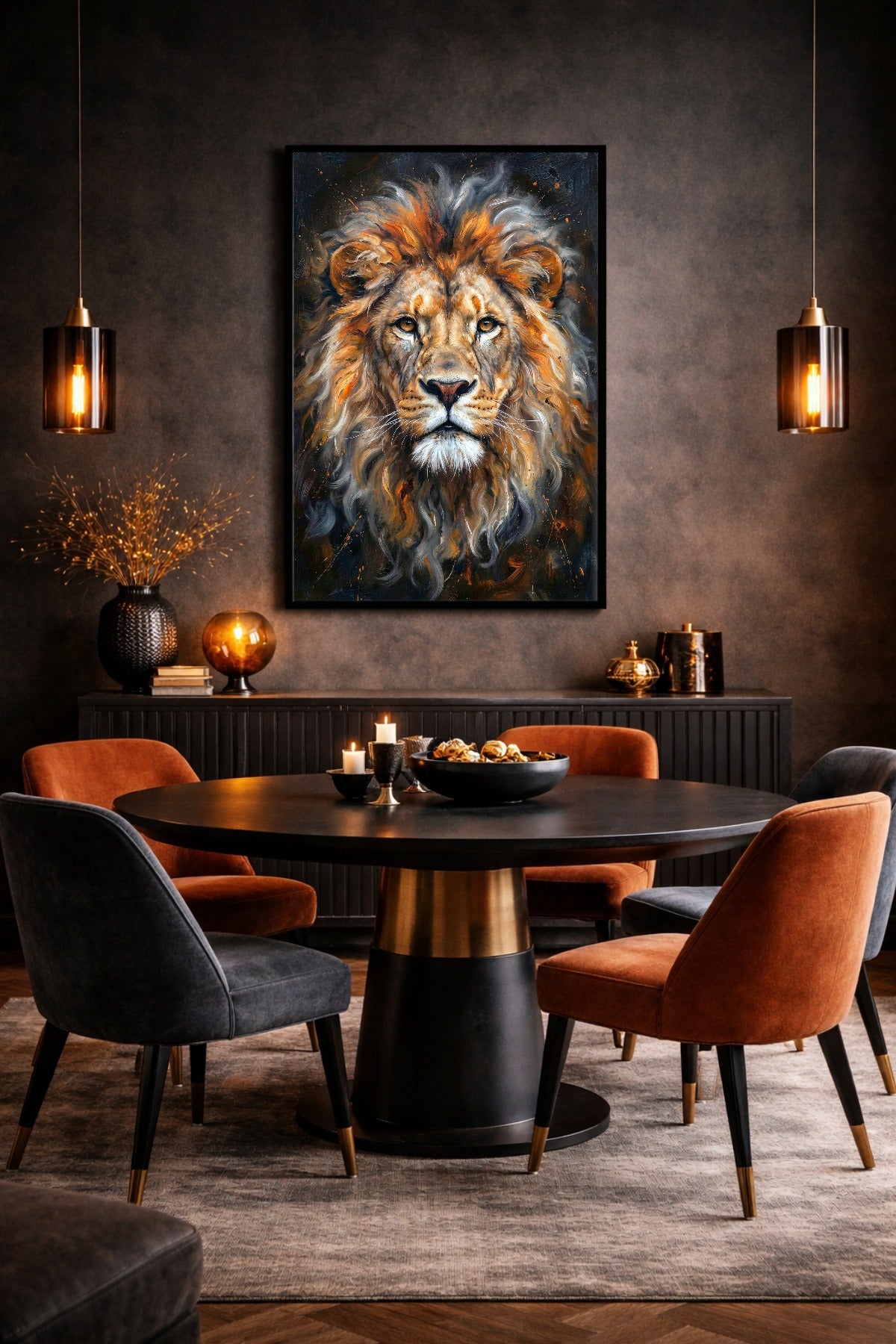 Modernes Tierportrait eines Löwen mit intensivem Blick, dichter Mähne und stimmungsvollem dunklem Hintergrund. Esszimmer Wandbild.