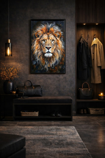 Elegantes Löwenportrait in moderner Maloptik mit ausdrucksstarkem Blick und dunklem Hintergrund. Wandbild Eingangsbereich.