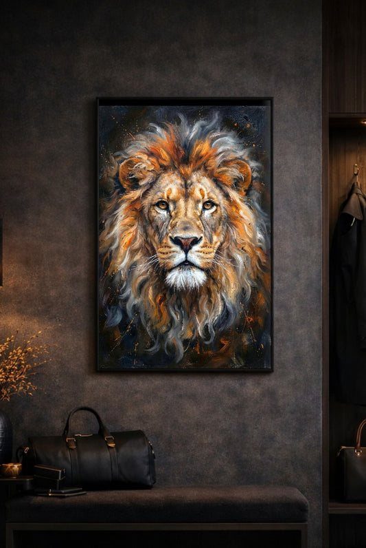 Modernes Löwe Wandbild mit frontalem Tierportrait, goldbrauner Mähne und dunklem Hintergrund in ausdrucksstarker, malerischer Optik.