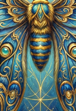 Luna Moth Poster für Shopify mit goldener Motte, dekorativen geometrischen Linien, Sternen und großem Halbmond vor einem tiefblauen, malerisch strukturierten Hintergrund.