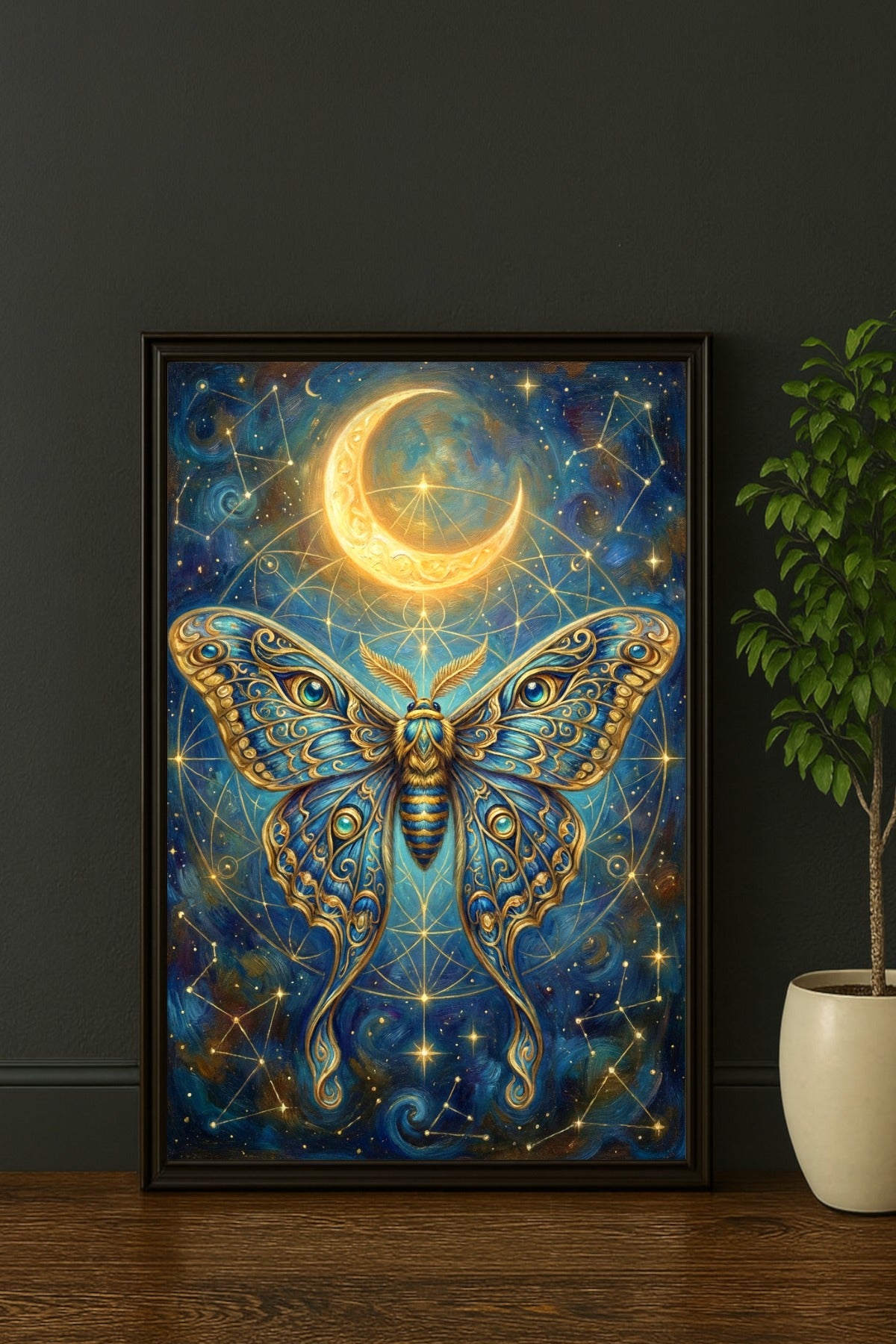 Digitales Shopify-Poster mit goldener Luna Moth, ausgebreiteten blau-goldenen Flügeln, großem Halbmond und funkelnden Sternen vor tiefblauem Nachthimmel.
