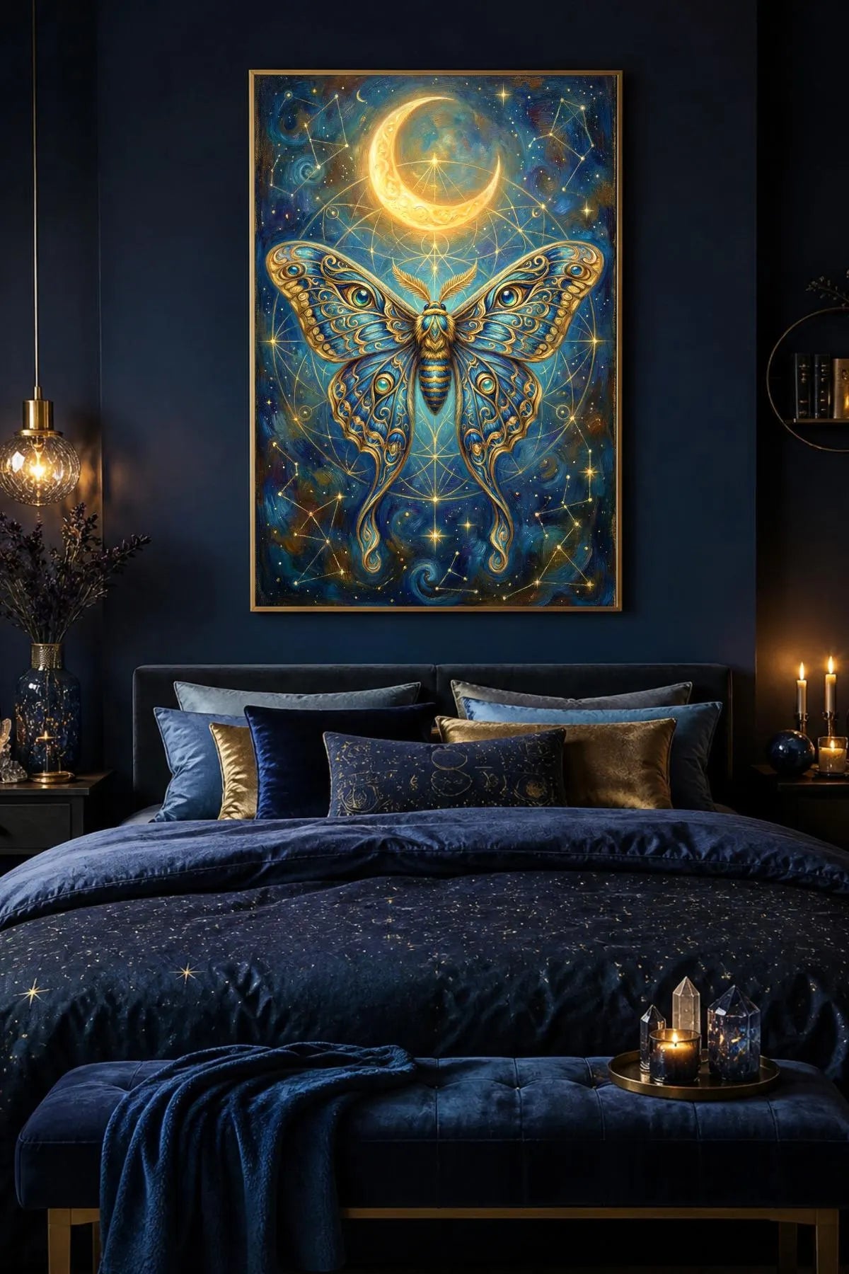 Digitales Luna Moth Poster mit goldener Motte, leuchtendem Halbmond, Sternenhimmel und geometrischen Linien auf tiefblauem Hintergrund im mystischen Vintage-Stil.