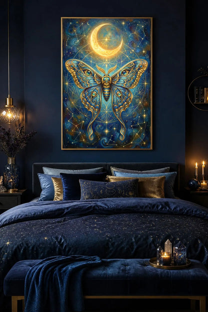 Digitales Luna Moth Poster mit goldener Motte, leuchtendem Halbmond, Sternenhimmel und geometrischen Linien auf tiefblauem Hintergrund im mystischen Vintage-Stil.