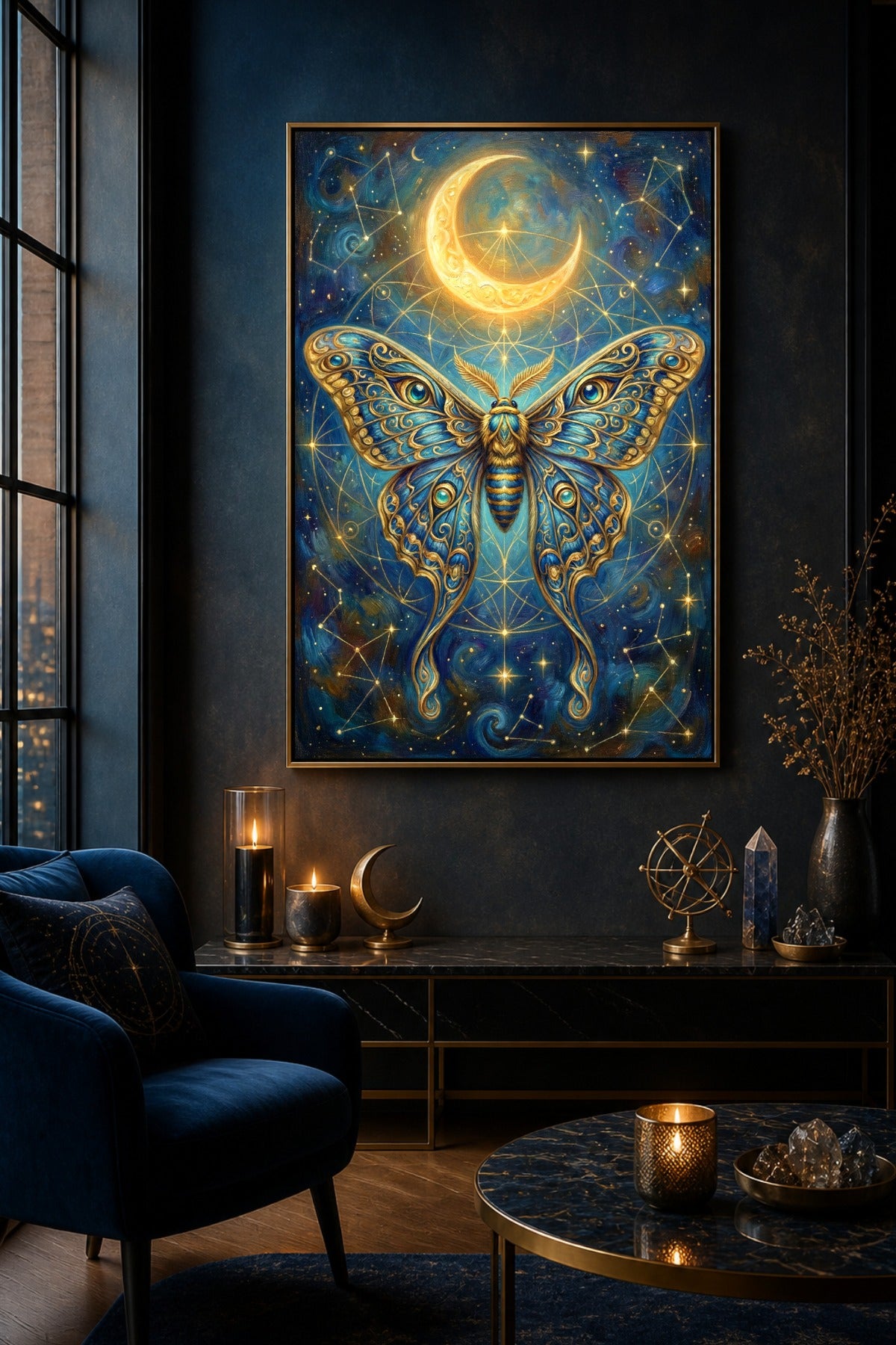Mystisches digitales Poster mit goldener Luna Moth, ausgebreiteten Flügeln in Blau und Gold, Halbmond, Sternenhimmel und feiner Ölgemälde-Textur.