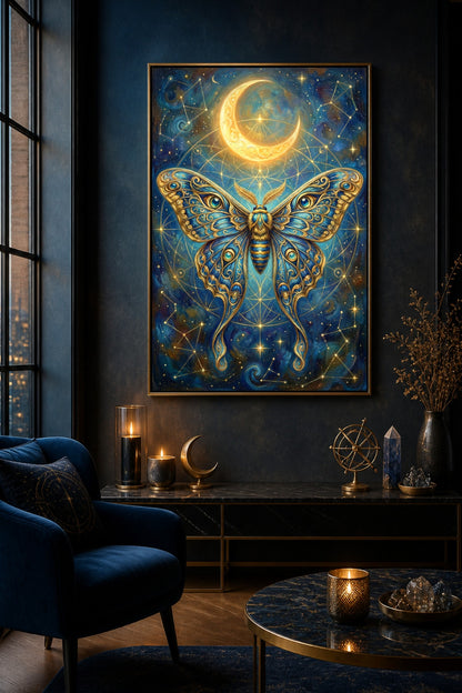 Mystisches digitales Poster mit goldener Luna Moth, ausgebreiteten Flügeln in Blau und Gold, Halbmond, Sternenhimmel und feiner Ölgemälde-Textur.