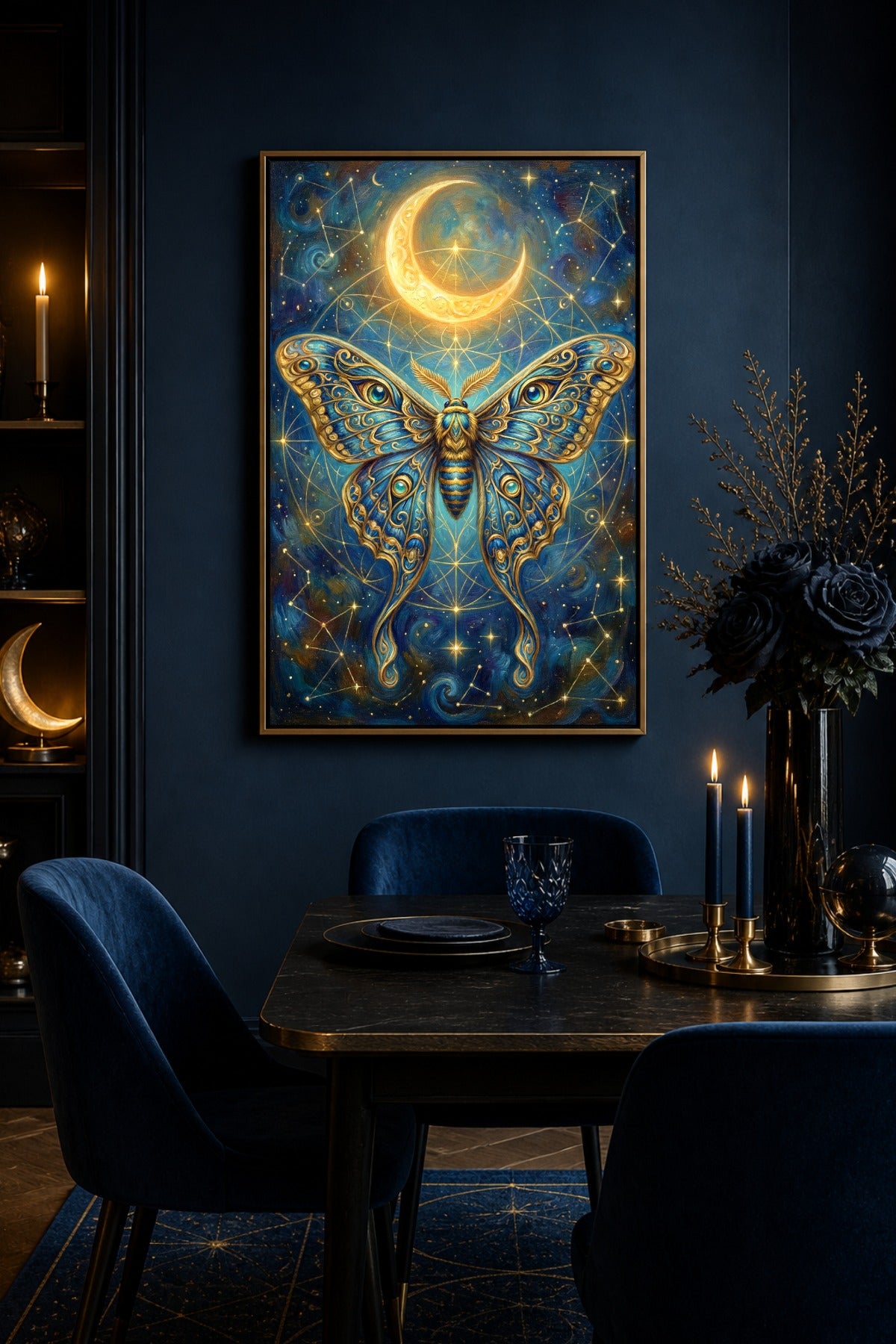 Moon Wall Art mit goldener Luna Moth vor tiefblauem Nachthimmel, umgeben von Sternbildern, geometrischen Details und einem großen goldenen Halbmond.