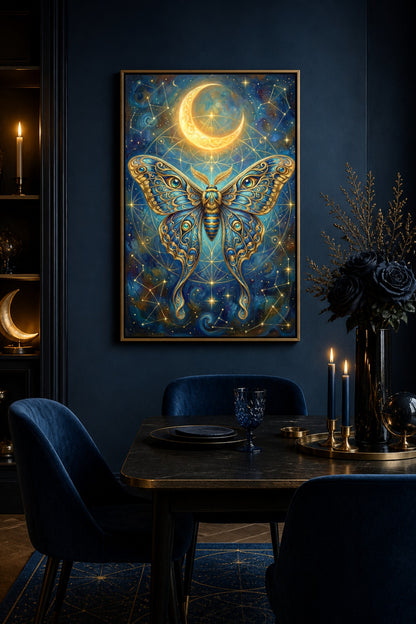 Moon Wall Art mit goldener Luna Moth vor tiefblauem Nachthimmel, umgeben von Sternbildern, geometrischen Details und einem großen goldenen Halbmond.