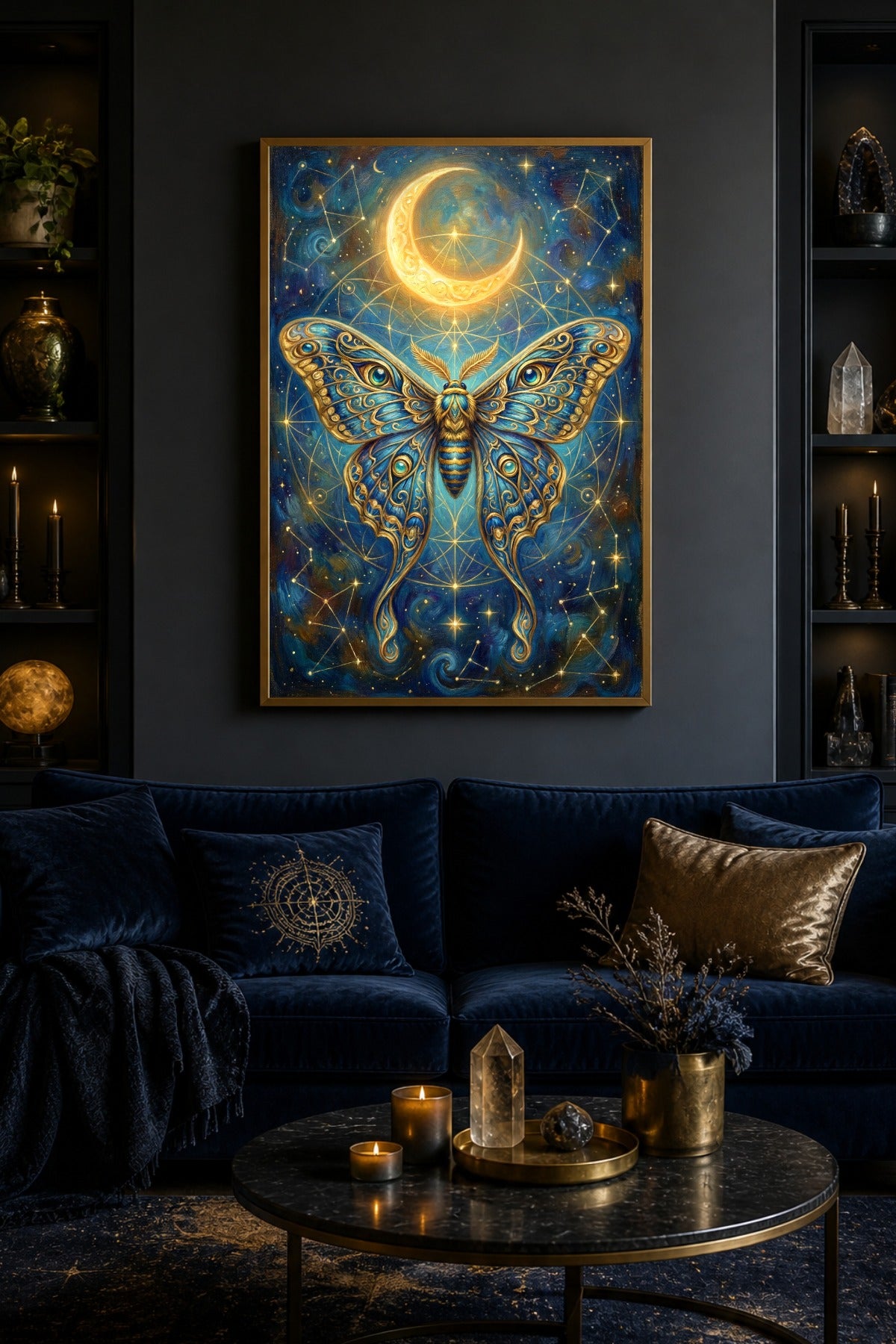 Digitales Wandbild mit Luna Moth in Gold und Blau, mystischem Mondmotiv, Sternen und Vintage-Illustration-Charakter für Wohnzimmer oder Schlafzimmer.