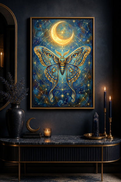 Goldene Nachtfalter-Illustration mit blau-goldenen Flügeln, Halbmond, Sternbildern und tiefblauem Himmel als ruhiges digitales Poster für moderne Wanddeko.