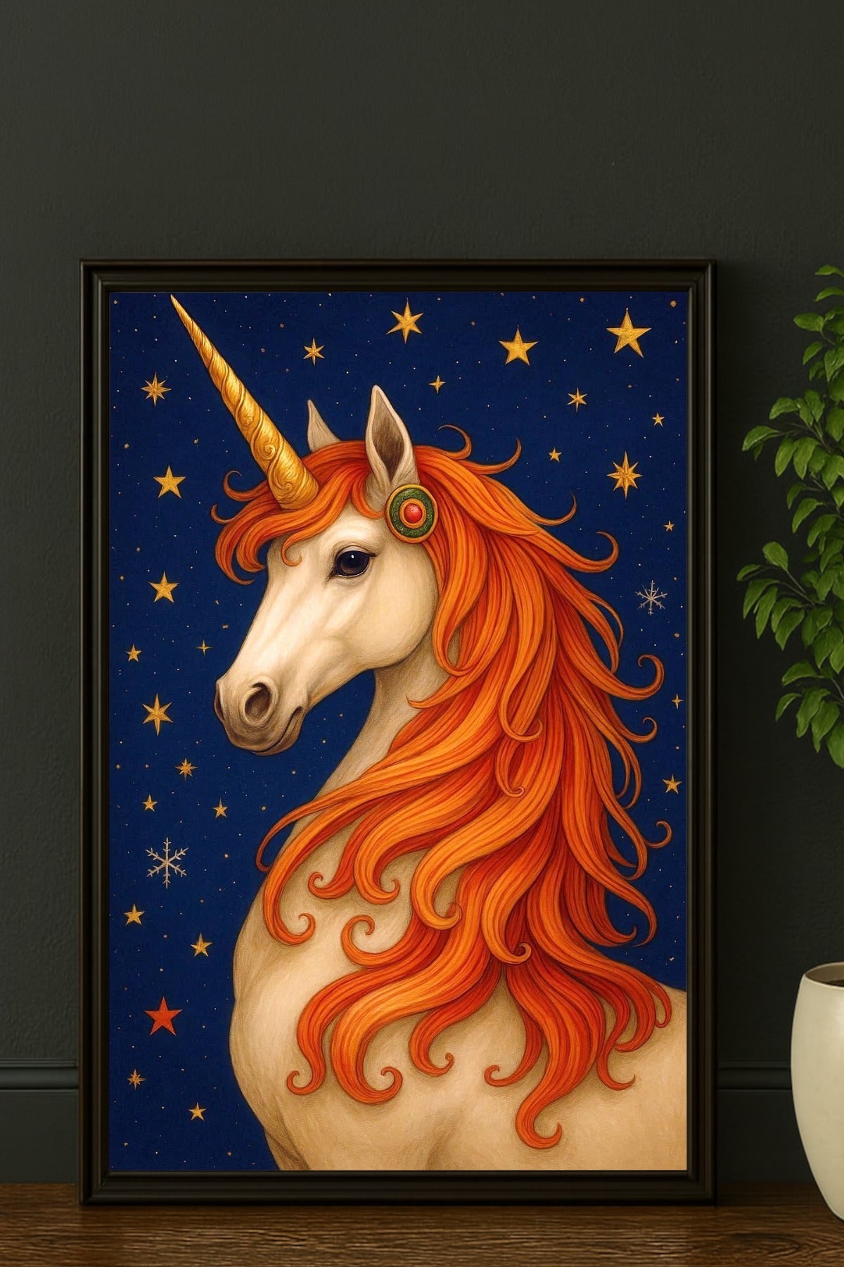 Magische-Einhorn-Illustration-mit-goldener-Maehne-und-Sternenhimmel-Kinderzimmer-Poster