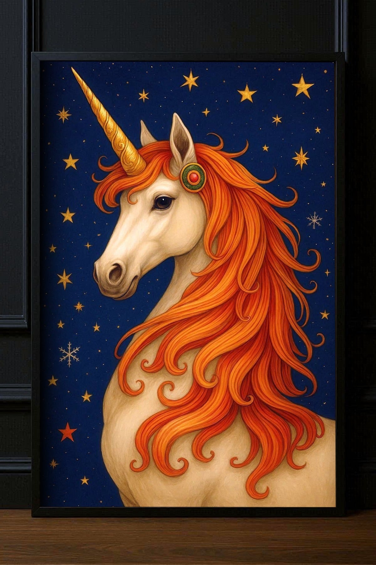 Magische-Einhorn-Illustration-mit-goldener-Maehne-und-Sternenhimmel-Kinderzimmer-Poster