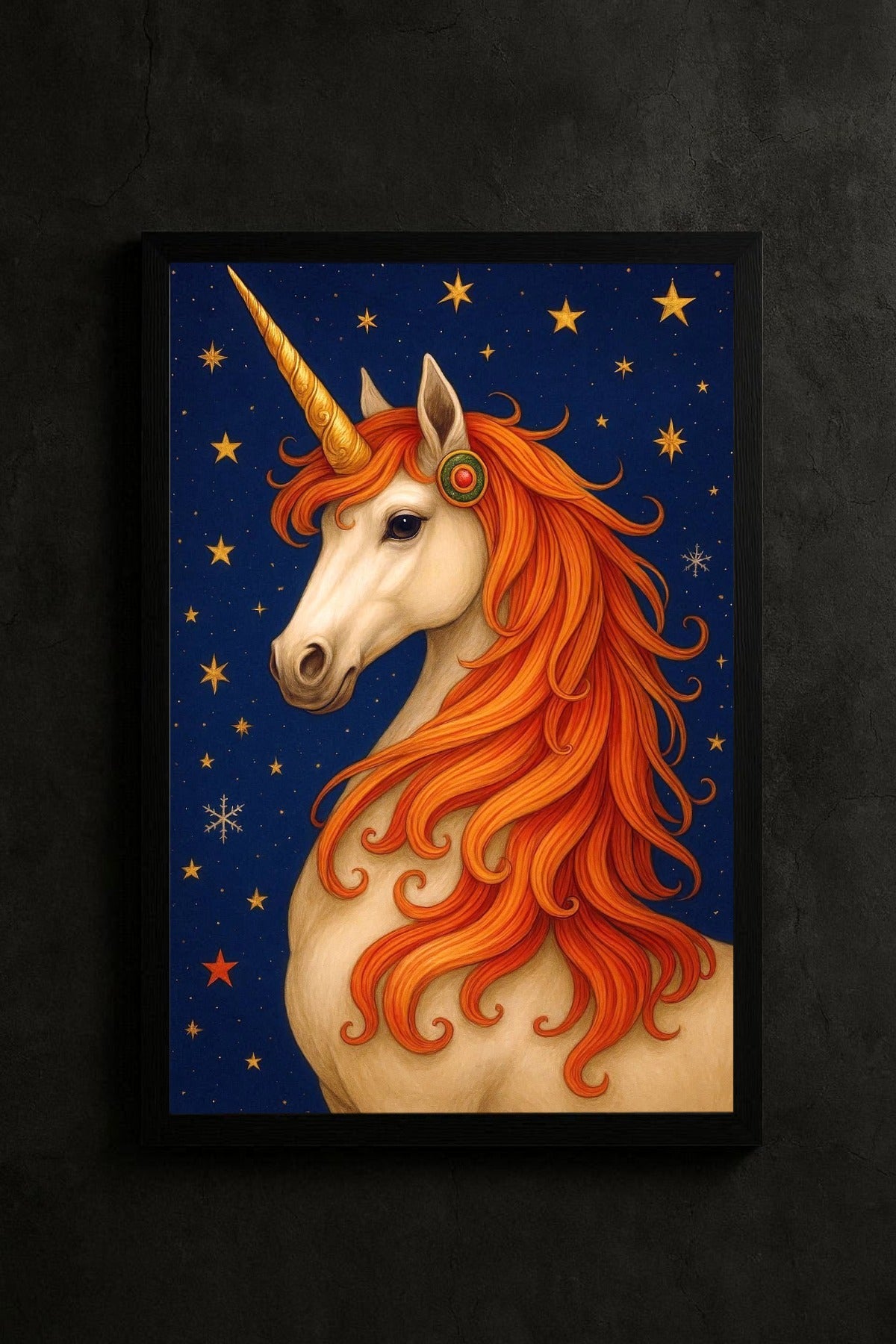 Magische-Einhorn-Illustration-mit-goldener-Maehne-und-Sternenhimmel-Kinderzimmer-Poster