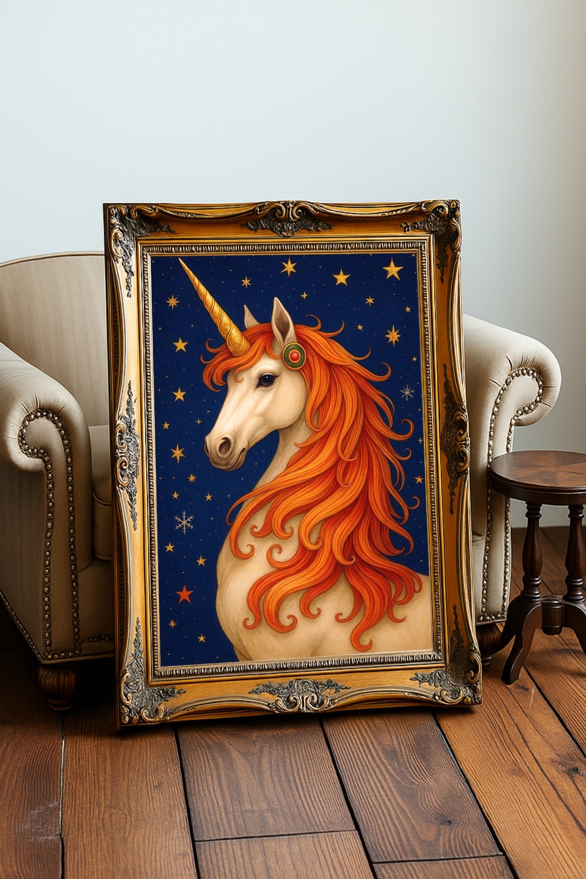 Magische-Einhorn-Illustration-mit-goldener-Maehne-und-Sternenhimmel-Kinderzimmer-Poster