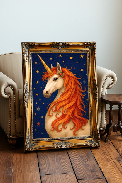 Magische-Einhorn-Illustration-mit-goldener-Maehne-und-Sternenhimmel-Kinderzimmer-Poster