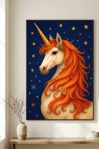 Magische-Einhorn-Illustration-mit-goldener-Maehne-und-Sternenhimmel-Kinderzimmer-Poster