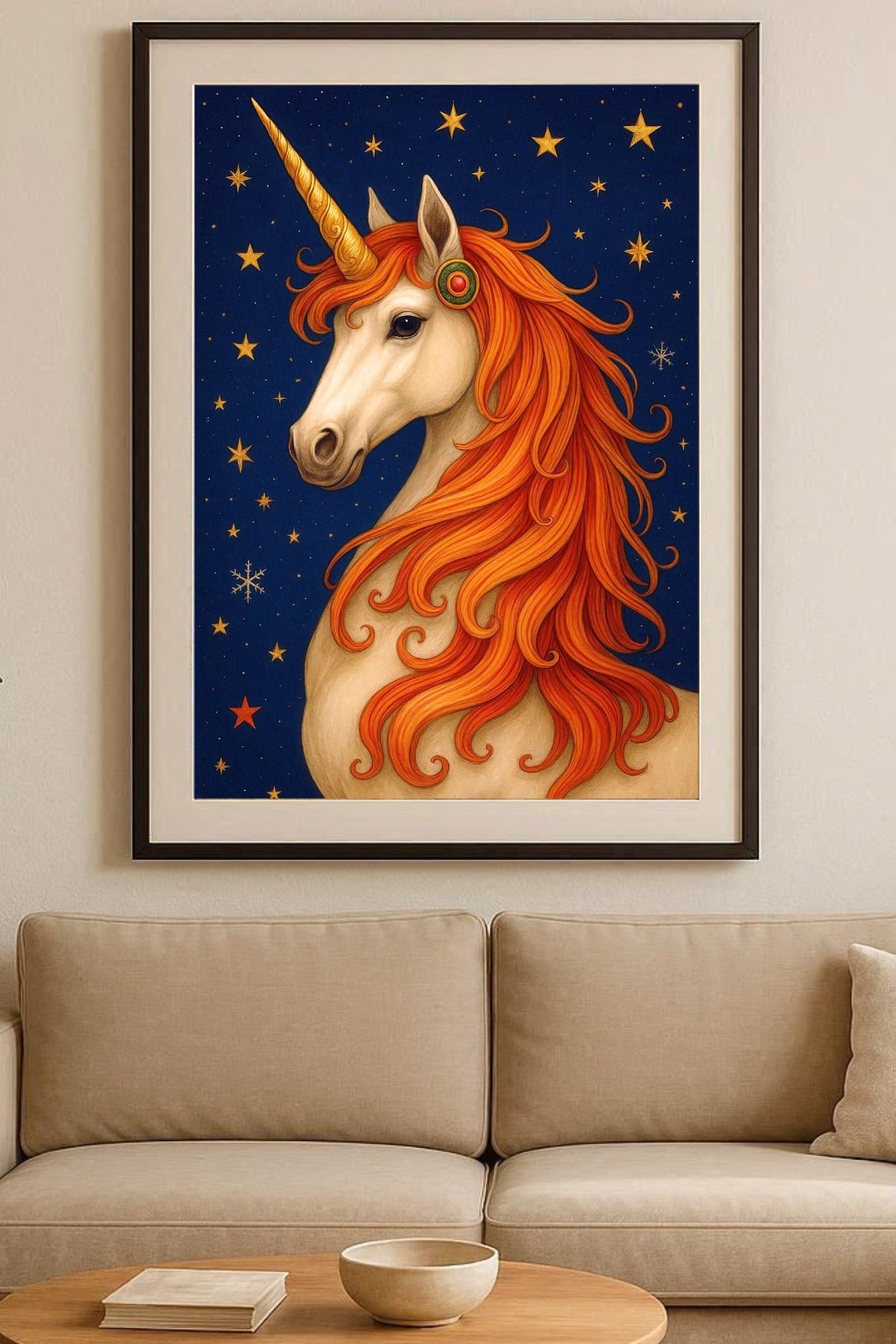 Magische-Einhorn-Illustration-mit-goldener-Maehne-und-Sternenhimmel-Kinderzimmer-Poster