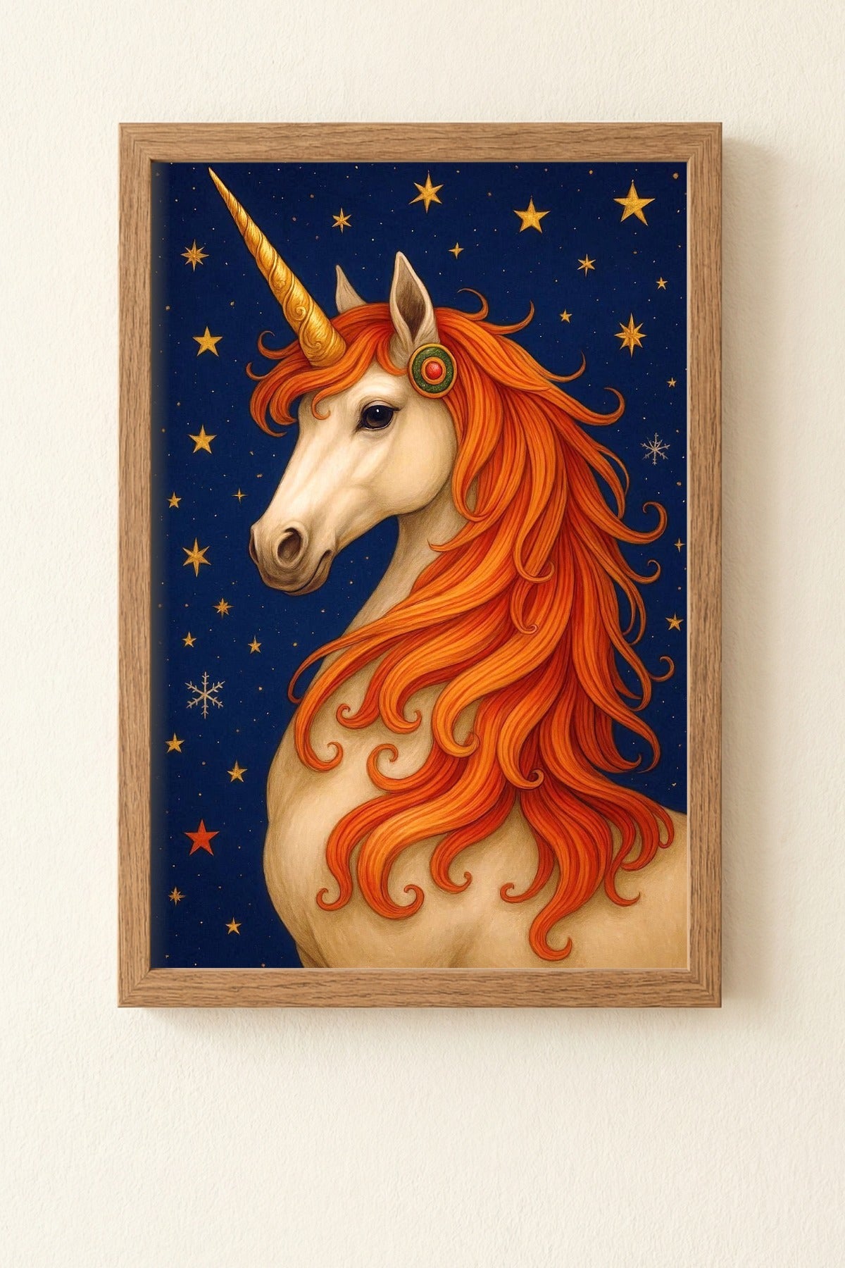 Magische-Einhorn-Illustration-mit-goldener-Maehne-und-Sternenhimmel-Kinderzimmer-Poster