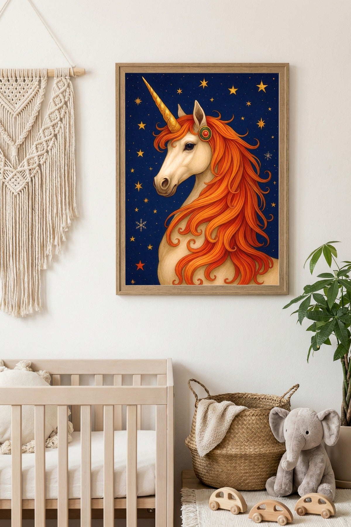 Magische-Einhorn-Illustration-mit-goldener-Maehne-und-Sternenhimmel-Kinderzimmer-Poster