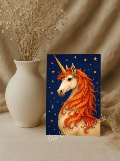 Magische-Einhorn-Illustration-mit-goldener-Maehne-und-Sternenhimmel-Kinderzimmer-Poster