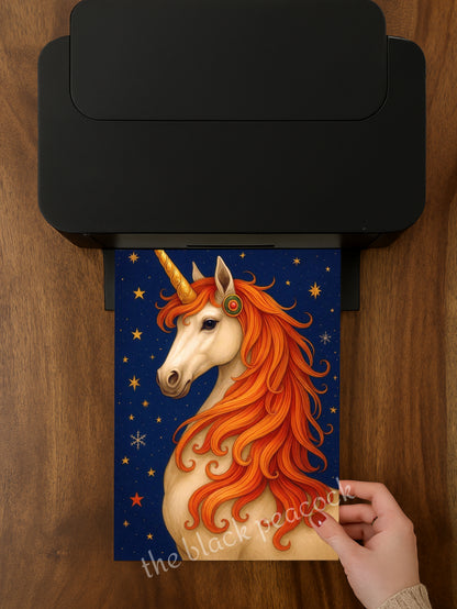 Magische-Einhorn-Illustration-mit-goldener-Maehne-und-Sternenhimmel-Kinderzimmer-Poster