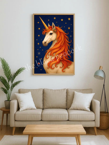 Magische-Einhorn-Illustration-mit-goldener-Maehne-und-Sternenhimmel-Kinderzimmer-Poster
