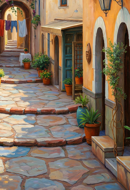 Mediterranes Wandbild mit blühender Bougainvillea, warmen Fassaden, Terrakottatöpfen und schlankem Kirchturm vor bergiger Landschaft. Detailsansicht.