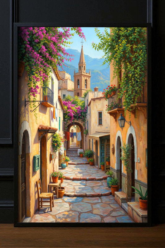 Digitales mediterranes Poster mit sonniger Gasse, Kirchturm, Bougainvillea und südländischer Altstadt-Atmosphäre