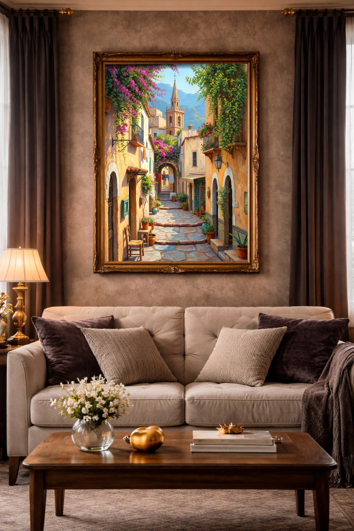 Digitales Poster mit mediterraner Dorfstraße, Bougainvillea, Balkonen und Kirchturm als elegante Wohnzimmerdeko
