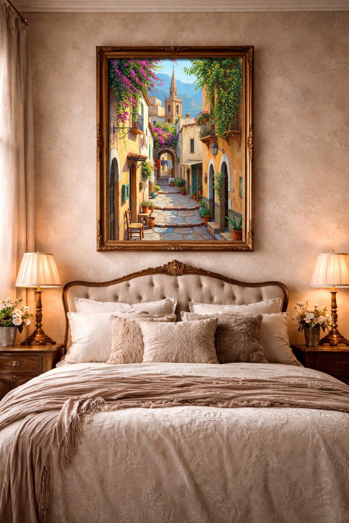 Südeuropäische Gasse als digitales Poster mit Bougainvillea, klassischen Häusern, Terrakottatöpfen, Kirchturm und sanften Bergen. Hängt im Schlafzimmer.