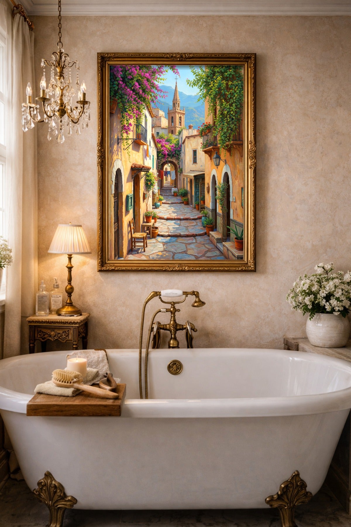 Digitales Wandbild einer ruhigen Mittelmeer-Gasse mit floralen Details, sonnigen Häuserfassaden, Töpfen und weiter Bergkulisse. Hängt im Badezimmer.