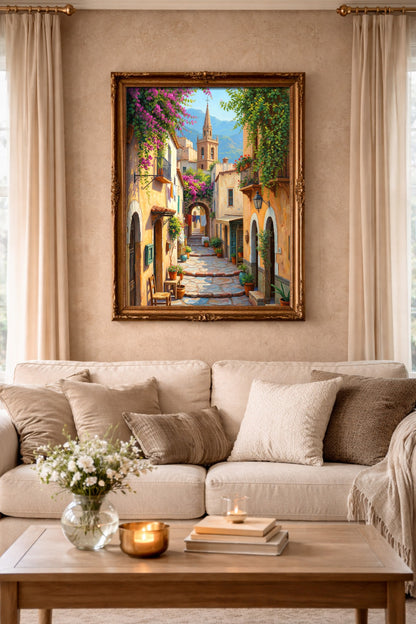 Mediterrane Straßenszene als digitales Poster mit warmen Hausfassaden, blühender Bougainvillea, Pflanzgefäßen und Kirchturm. Hängt im Wohnzimmer.