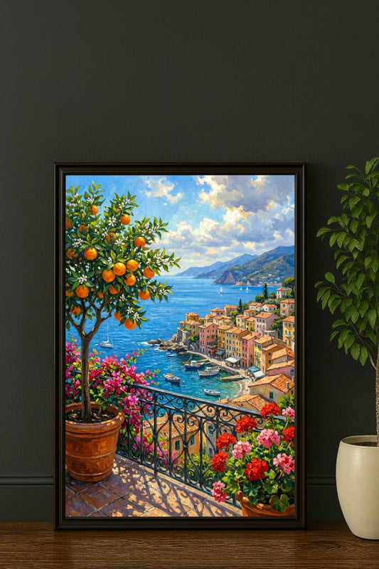 Gedrucktes Poster mit mediterranem Meerblick, Orangenbaum, Blumenbalkon und buntem Küstendorf im schwarzen Rahmen