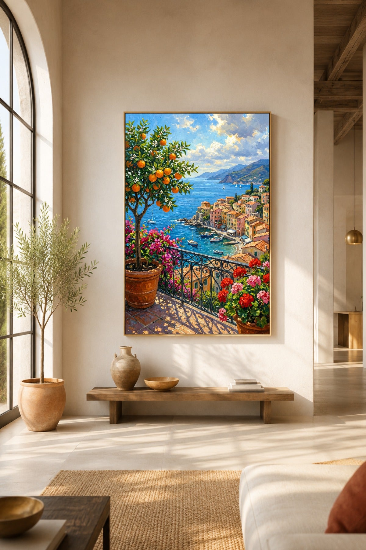 Mediterranes Poster mit Orangenbaum und blauem Meer als sonniger Wandakzent in einem hellen Wohnraum