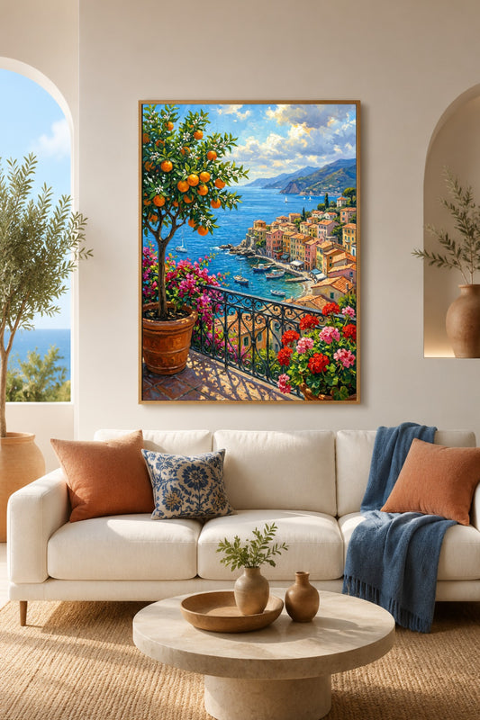 Gedrucktes Wandbild mit Orangenbaum, Küstendorf, Segelbooten und Meerblick über einem hellen Sofa