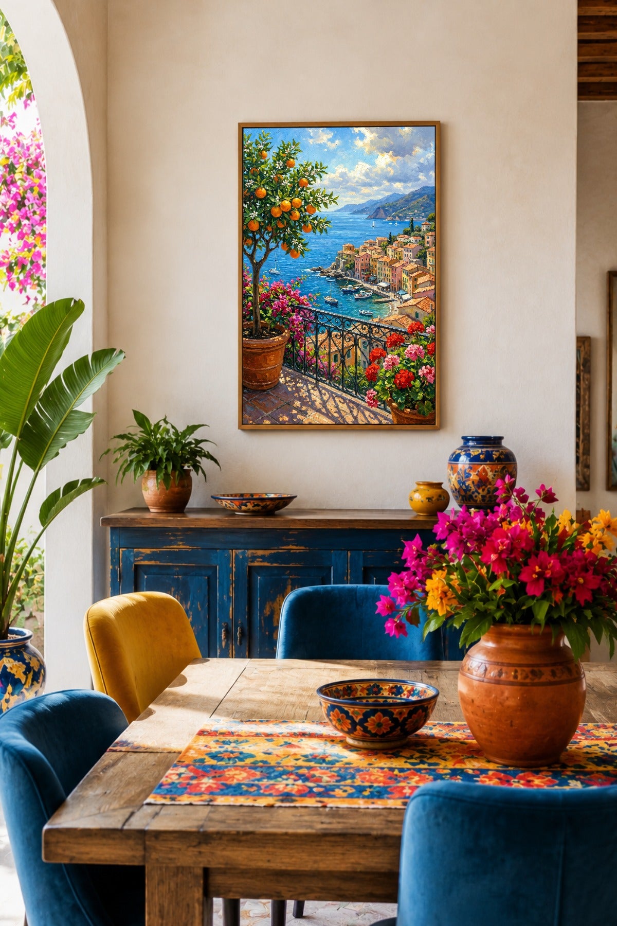 Mediterranes Küstenposter mit Orangenbaum, Blumen und Meer als farbiger Akzent in einem warmen Esszimmer