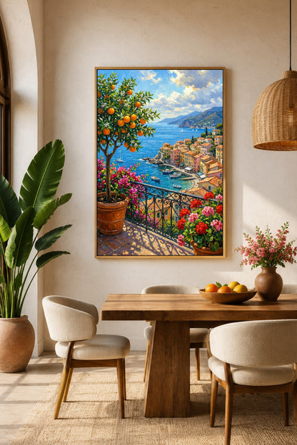 Poster mit mediterranem Balkonblick, Orangenbaum und Küstenort als sonnige Wanddeko über einem Esstisch