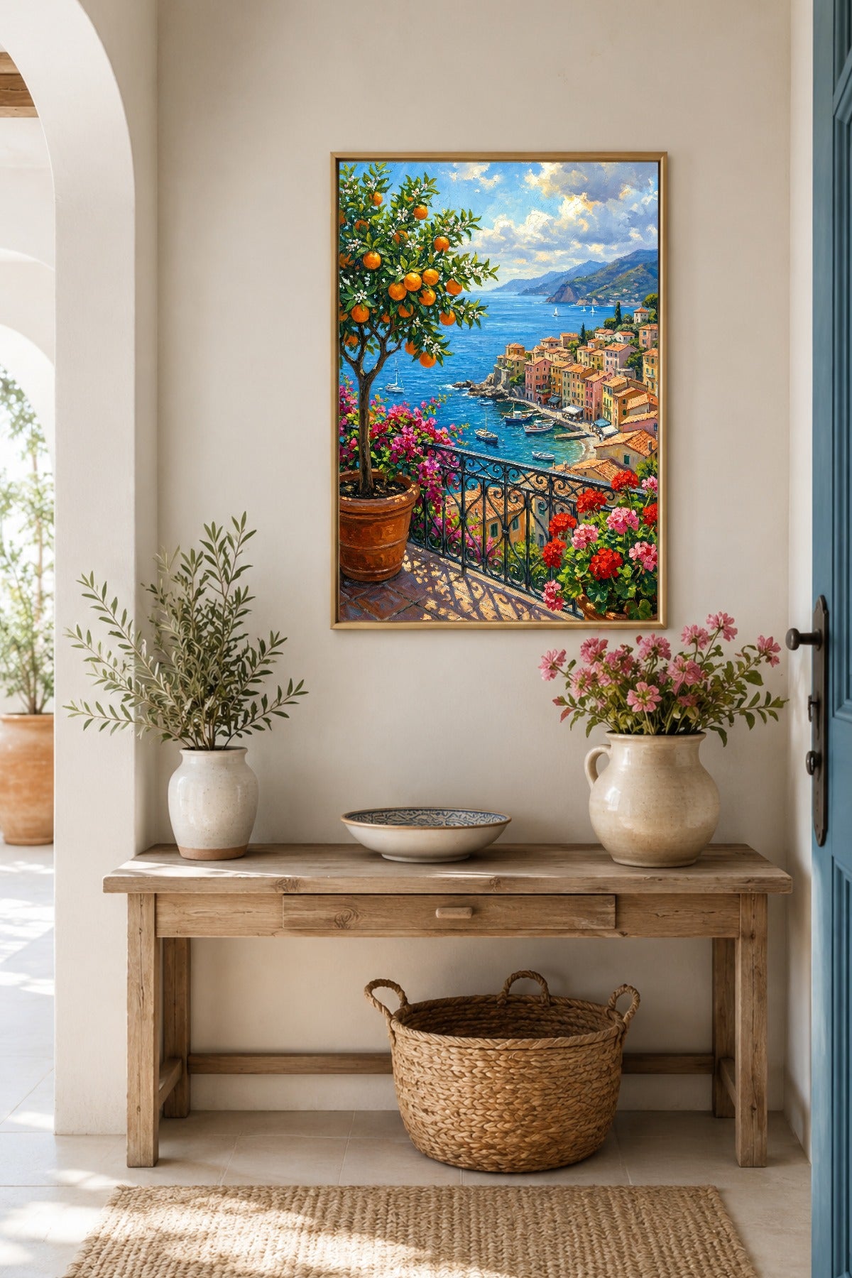 Gedrucktes mediterranes Wandbild mit Orangenbaum, Meerblick und Blumen als freundlicher Akzent im Flur