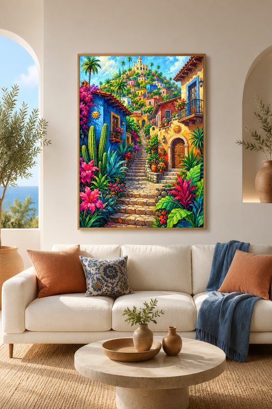 Mediterranes Dorf Poster als Wandbild im hellen Wohnzimmer mit Sofa, warmen Naturtönen, Palmen und farbenfroher Sommerkunst
