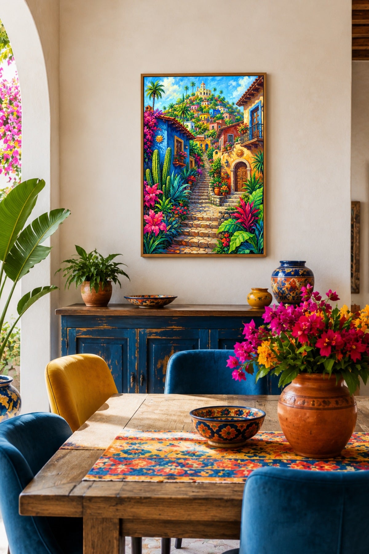 Farbenfrohes mediterranes Poster im Essbereich mit blauem Sideboard, buntem Dorf, Palmen, Kakteen und tropischen Blumen