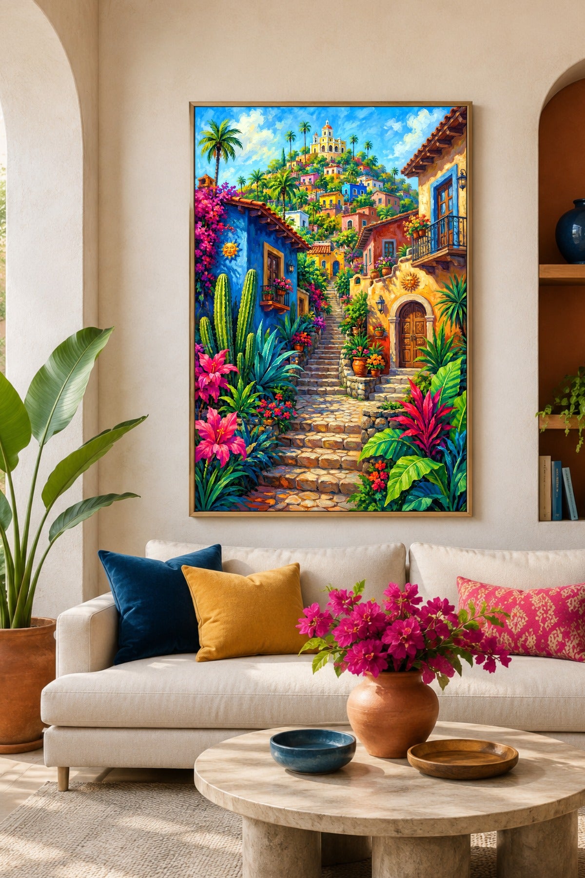 Mediterranes Wandbild mit Treppe, Palmen, blauen Häusern und tropischen Blüten als sonniger Akzent über hellem Sofa