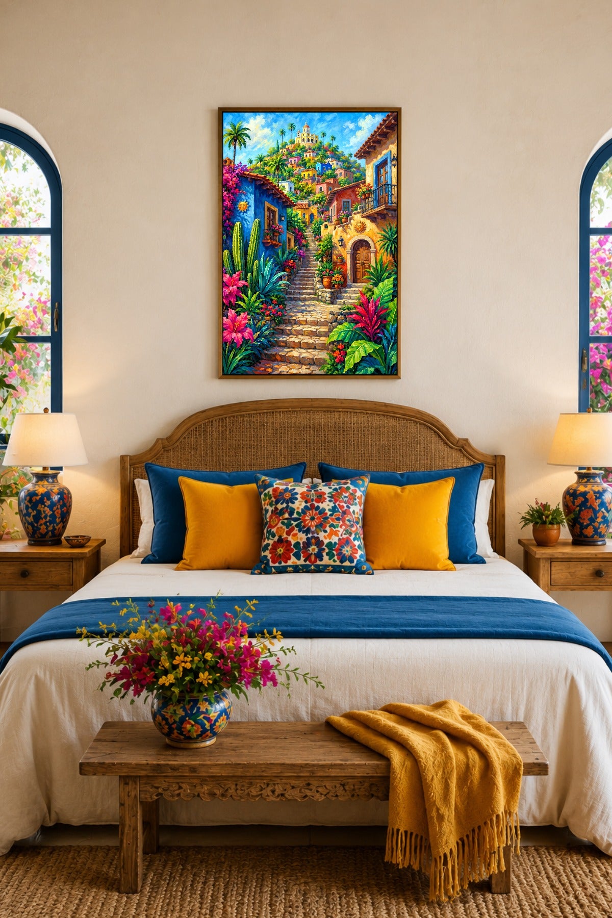 Buntes mediterranes Dorf Poster über dem Bett mit Palmen, Steintreppe, tropischen Pflanzen und lebendigem Urlaubsflair