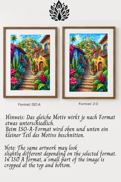 Produktbild mit Formatvergleich für mediterranes Dorf Poster, links ISO A und rechts 2:3, inklusive Hinweis zum möglichen Beschnitt