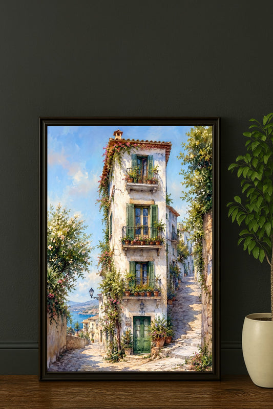 Mediterranes Dorfhaus als digitales Poster mit grünen Fensterläden, blühenden Balkonen und Blick aufs Meer