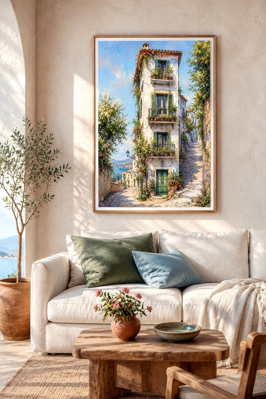 Digitales Poster mit mediterranem Dorfhaus über hellem Sofa, passend für Wohnzimmer, Ferienhaus und Sommerdeko