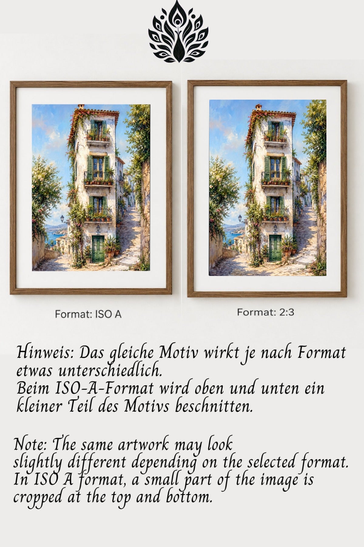 Size Guide für digitales Poster mit mediterranem Dorfhaus, zeigt ISO A und 2:3 Format mit Hinweis zum Beschnitt