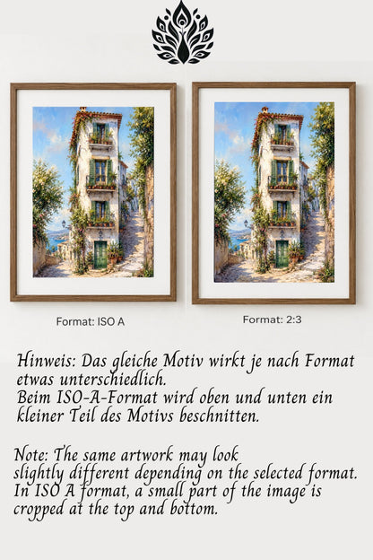 Size Guide für digitales Poster mit mediterranem Dorfhaus, zeigt ISO A und 2:3 Format mit Hinweis zum Beschnitt